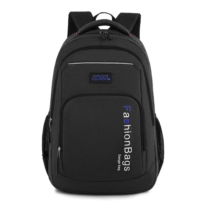Large black nylon fashion backpack with multiple internal compartments and double shoulder straps.