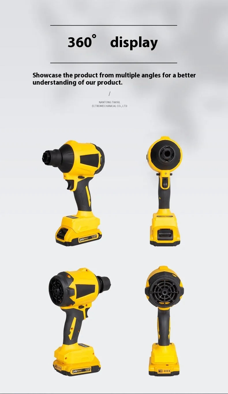 Yellow handheld cordless dust gun blower with accessories for office and home cleaning