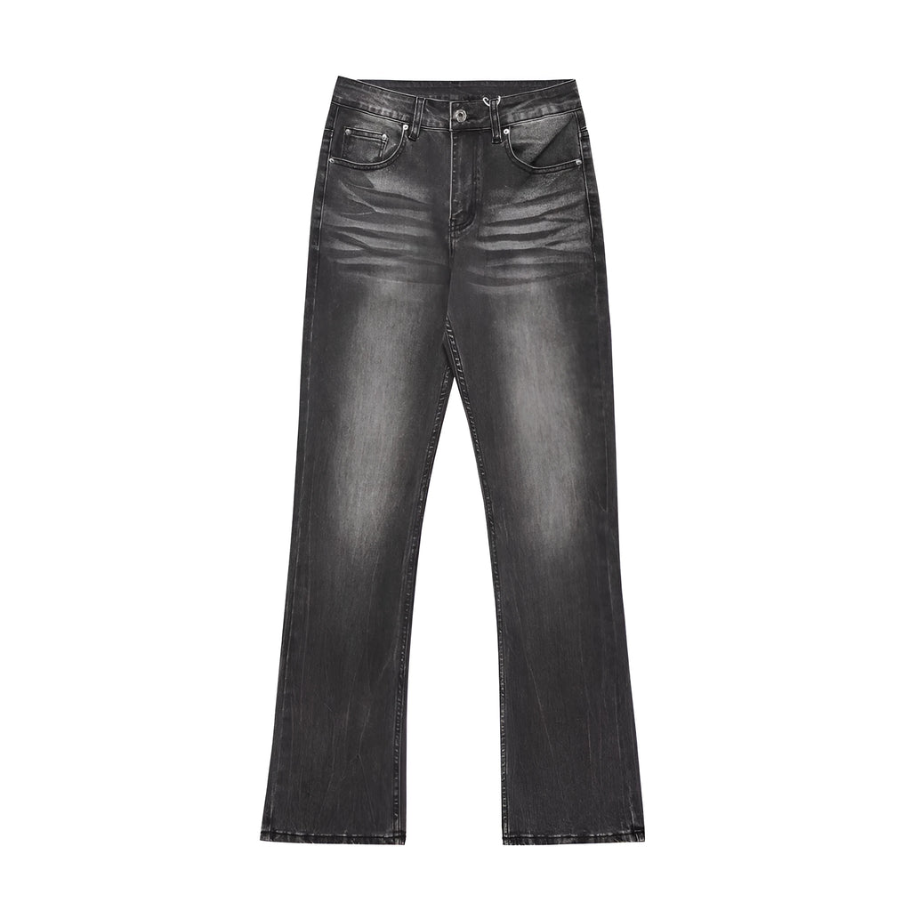 Men's black washed wear-white denim jeans on a plain background showing front view