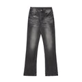 Men's black washed wear-white denim jeans on a plain background showing front view