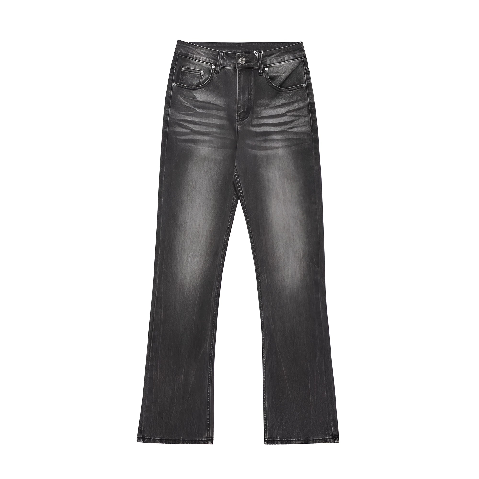 Men's black washed wear-white denim jeans on a plain background showing front view