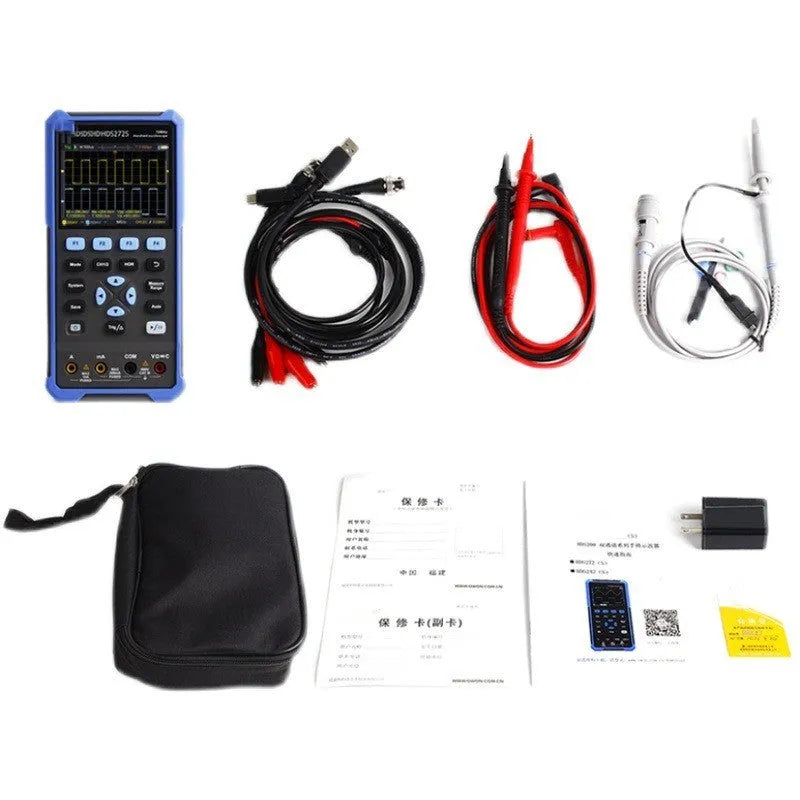 Owon HDS272 handheld digital oscilloscope with probe and accessories for portable testing