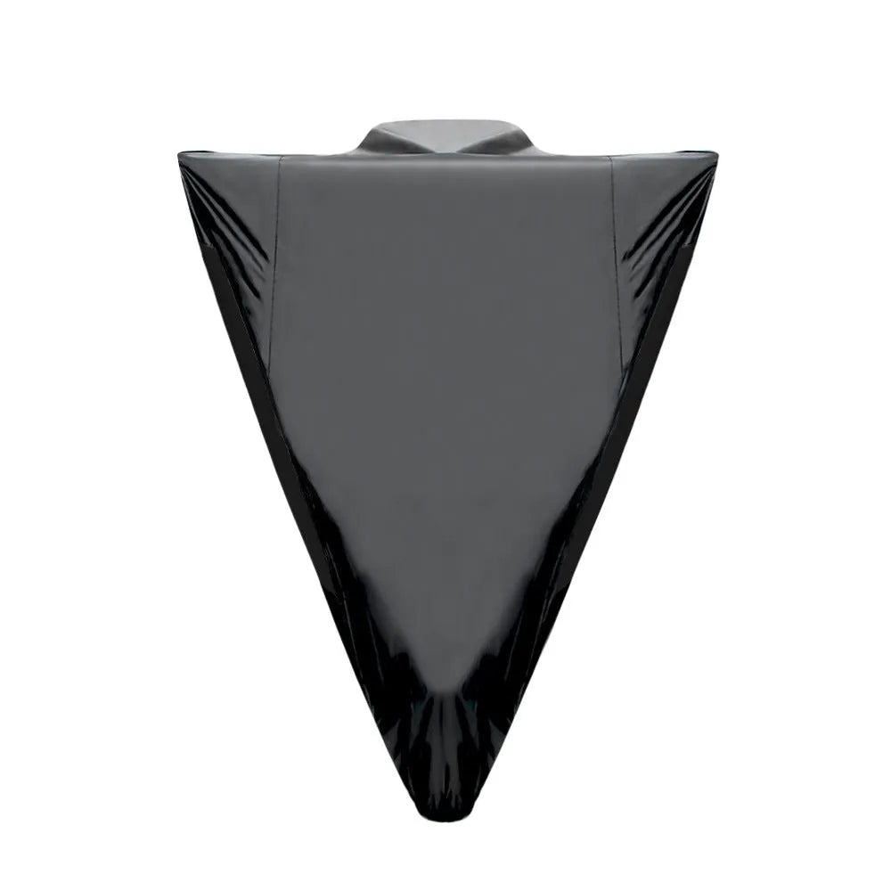 Polyester motorcycle cover in black colour shown covering a parked motorcycle for weather protection