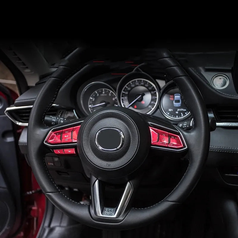 Aluminium alloy decorative stickers for car steering wheel buttons in transparent, red, silver, and blue finishes
