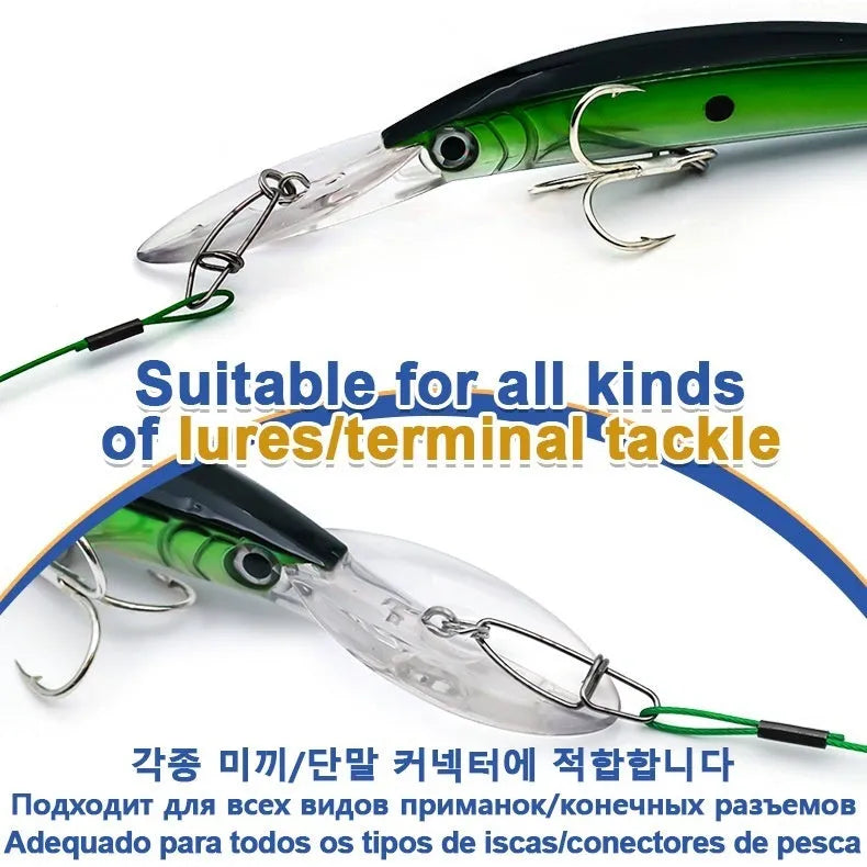 Set of green, black, and red steel wire fishing leaders with buckle pins, each 54cm long.