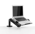 Silver aluminium hover arm laptop stand with adjustable height mechanism on wooden desk