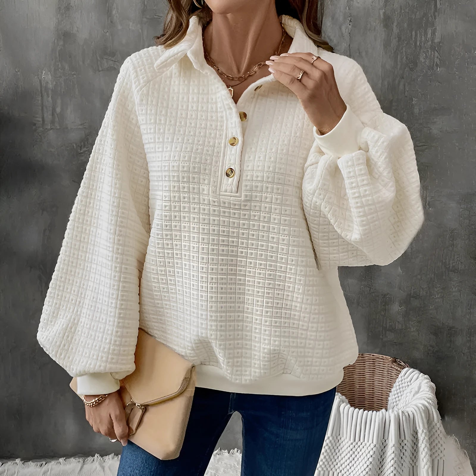 Women's Milky White polo collar sweater, a thickened polyester pullover with long sleeves.