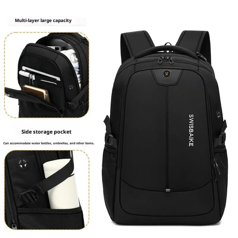Men's black Oxford cloth waterproof large capacity backpack with curved shoulder straps for travel