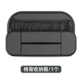 Black leather car seat rear storage bag showing dimensions and compartments for vehicle organisation
