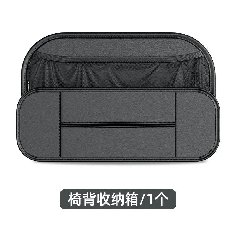 Black leather car seat rear storage bag showing dimensions and compartments for vehicle organisation