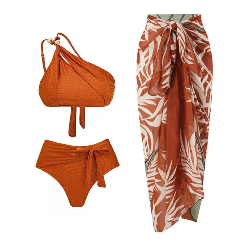 Women's push up bikini high waist split swimsuit in chiffon style with lining, shown in brown, black, and green colour options.