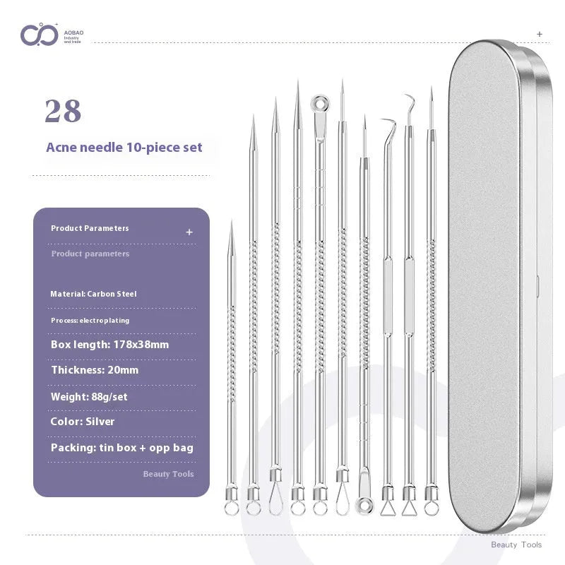Four metal acne needles with ultra-fine pointed tips laid out in a set.