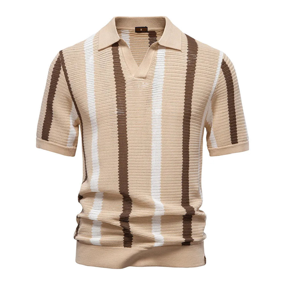 Man wearing a light blue striped short-sleeved polo shirt, a breathable viscose blend fabric for business casual wear.