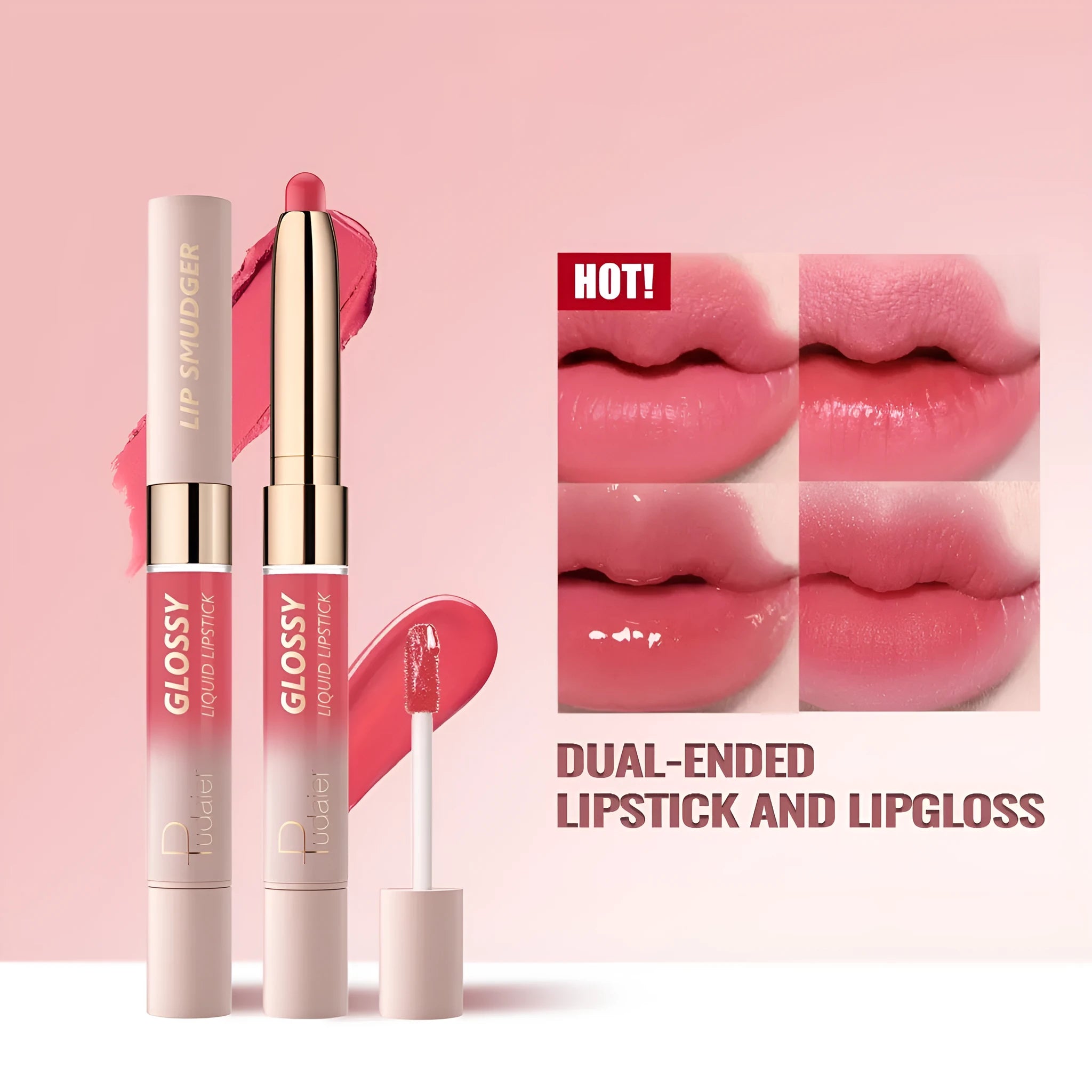 Double-headed lipstick lip gloss in matte finish showing ten colour options with moisturising formula