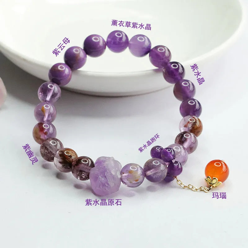 Natural nine purple fire Duobao crystal bracelet with 8mm amethyst beads and red agate stones in Mori style