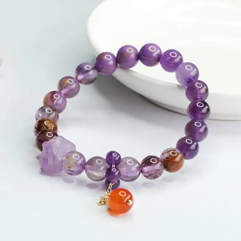 Natural nine purple fire Duobao crystal bracelet with 8mm amethyst beads and red agate stones in Mori style