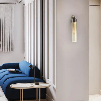 Nordic modern minimalist glass wall lamp in living room setting with E27 warm lighting