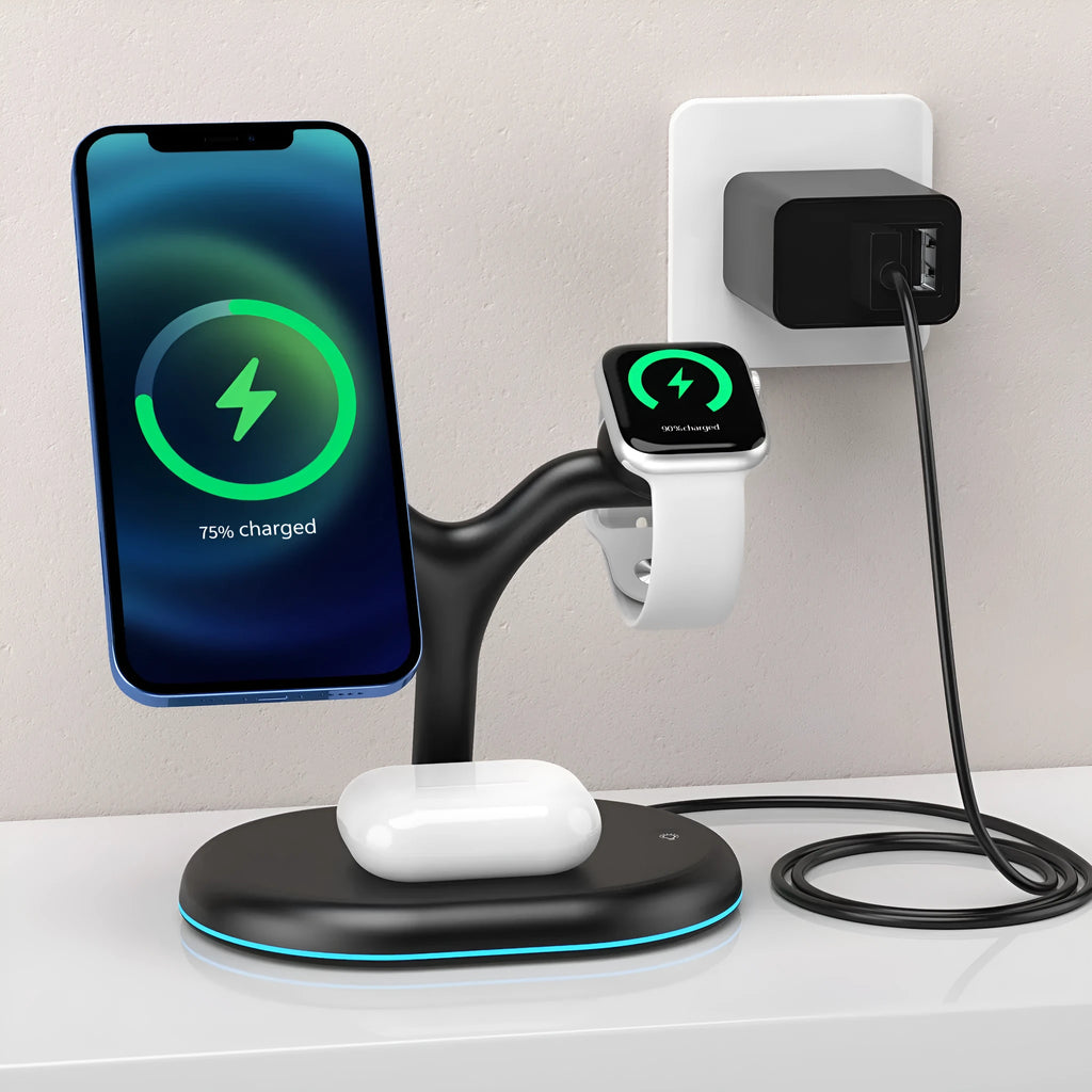 Black three-in-one magnetic wireless charger with a simplistic design on a table.