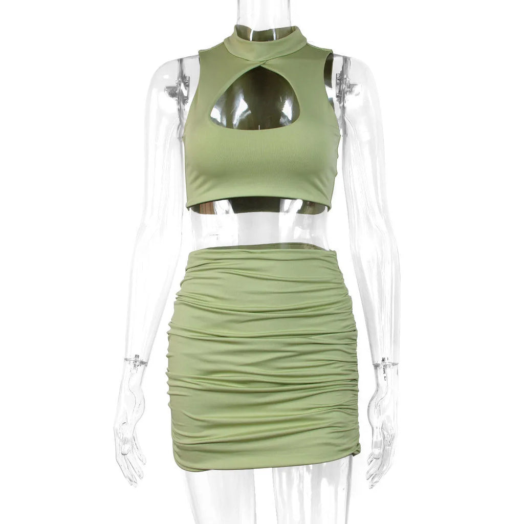 Women's light purple hollow vest and split skirt two-piece summer outfit set
