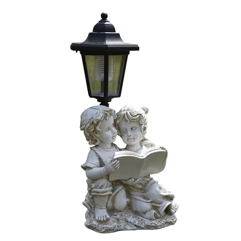 Hexagonal solar garden lamp with synthetic resin construction showing animal figurine design options