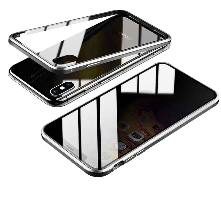 Geometric patterned glass clamshell privacy case for iPhone on a table.