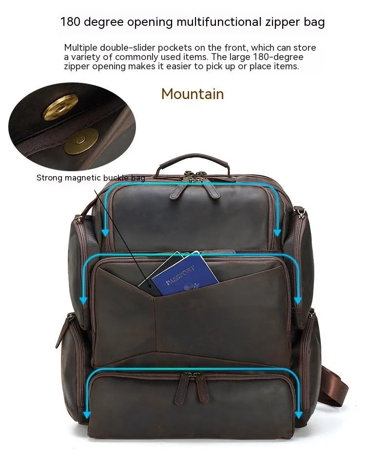 Dark brown retro crazy horse leather backpack for a 17-inch laptop, showing double shoulder straps and external pockets.