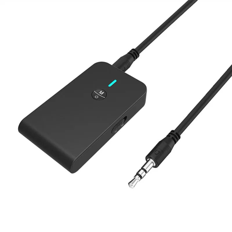 Black Bluetooth adapter with 3.5mm AUX connector and external power supply