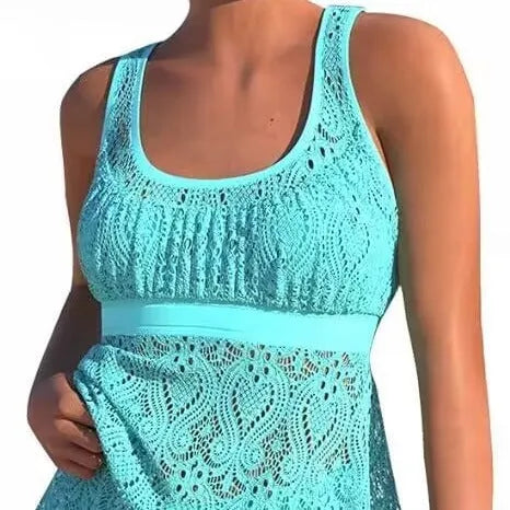 Women's conservative two-piece swimsuit set in solid colour with briefs bottom