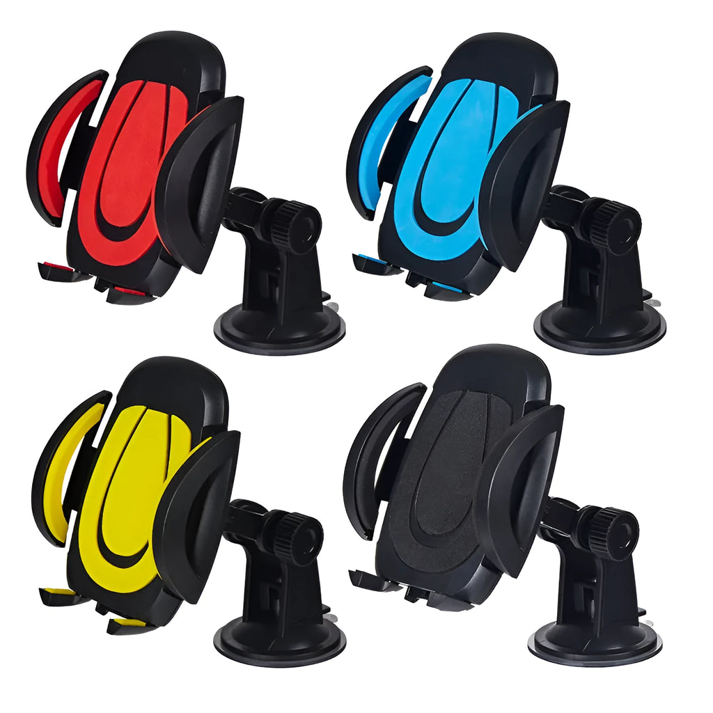 Red ABS car phone holder with U-shaped design and suction cup base on a vehicle dashboard