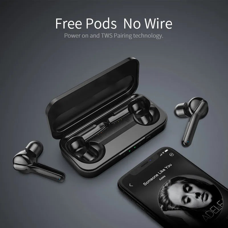 Black and white TWS wireless Bluetooth 5.0 earbuds with IPX5 waterproof rating