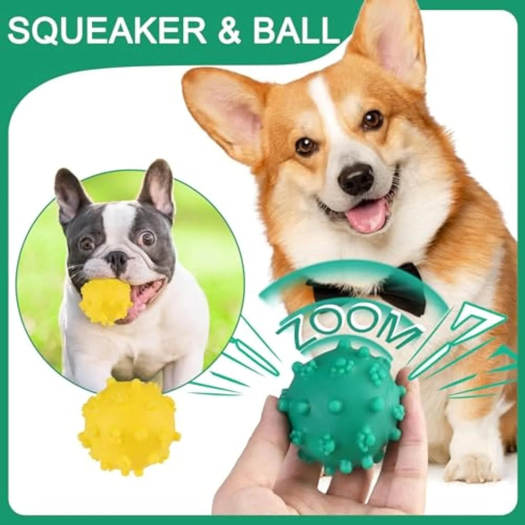 Blue, green, pink, and yellow 2-inch dog balls with spiked dimple texture on grass.