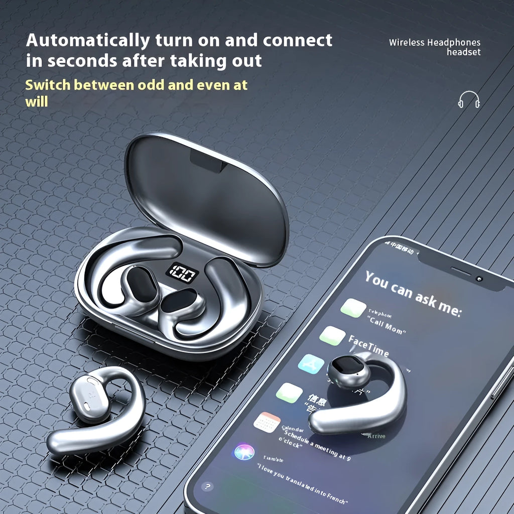 Black ear-mounted Bluetooth headset with non in-ear design showing digital display screen