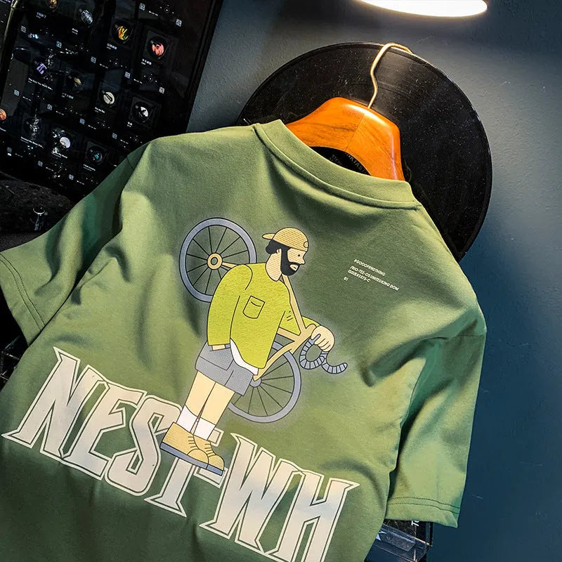 Green men's loose fit t-shirt with literary youth print, short sleeves, sizes M to 4XL