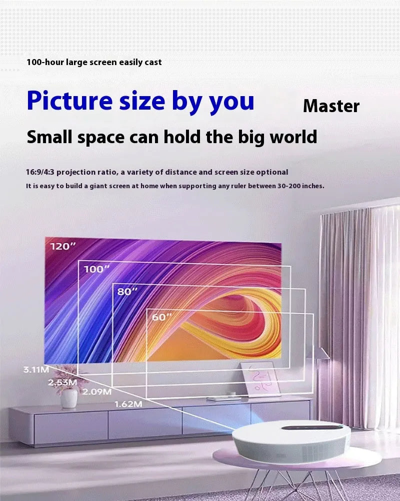 White HD 720p home cinema projector with remote control on a table