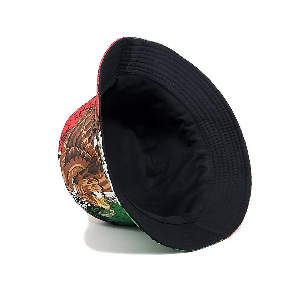 Retro-style bucket hat with eagle pattern, dome crown, in polyester fabric.