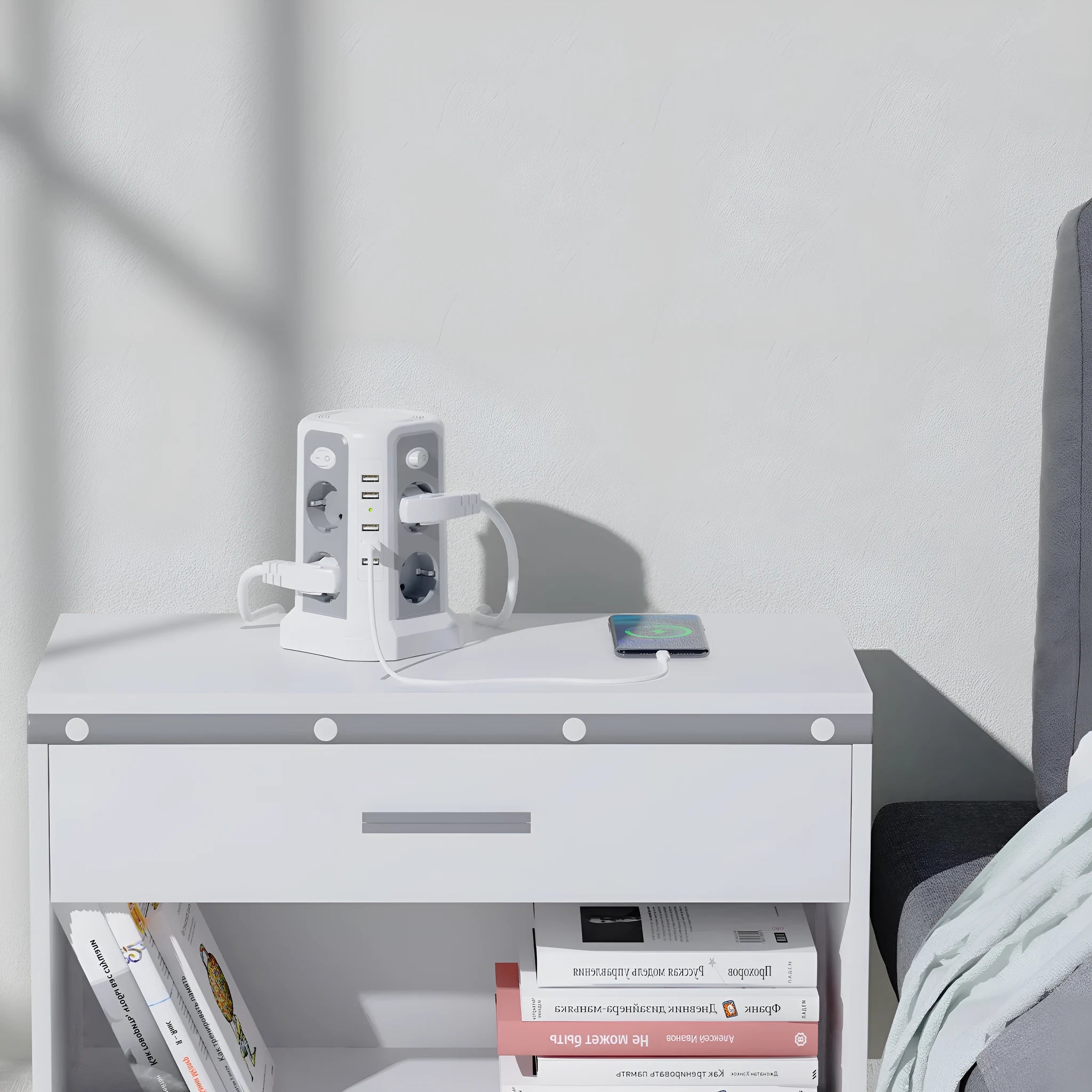Desktop vertical power strip with 8 socket holes and 4 USB ports in black European standard design