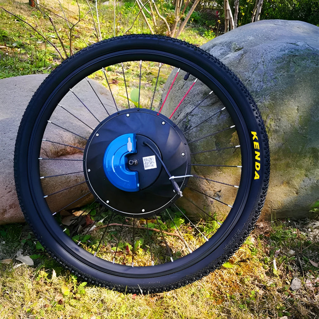 Yunzhilun 26-inch bicycle electric conversion kit showing alloy hub motor wheel, lithium battery, and charger.