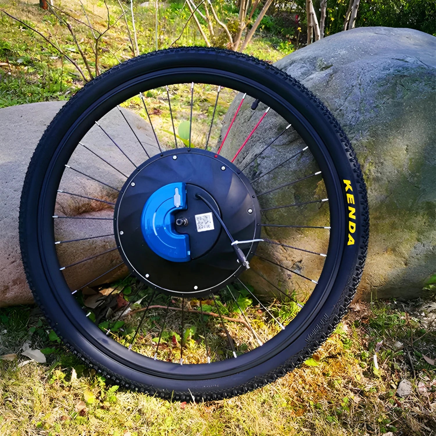 Yunzhilun 26-inch bicycle electric conversion kit showing alloy hub motor wheel, lithium battery, and charger.