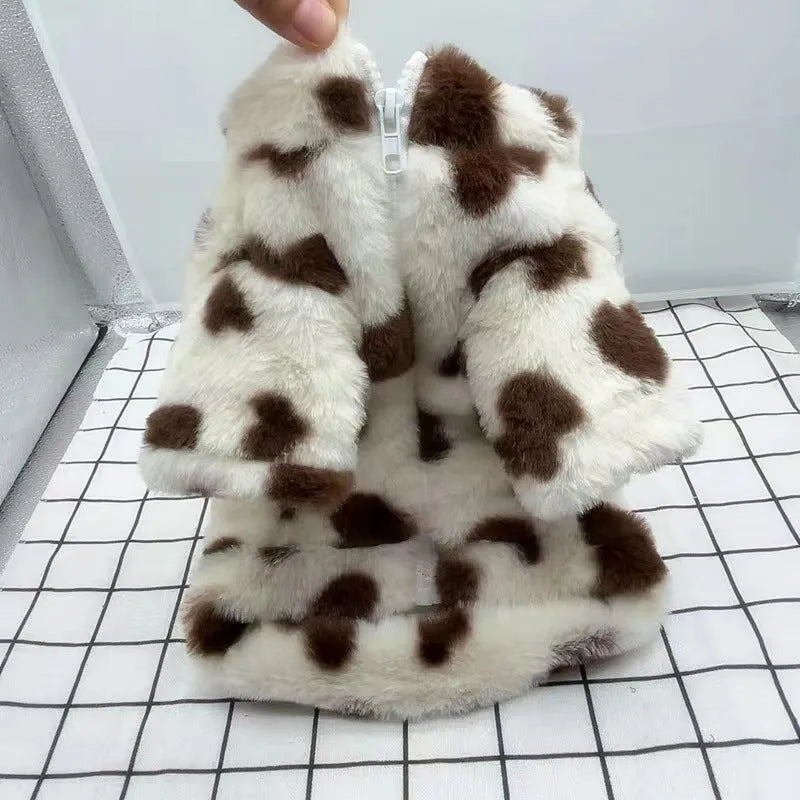 British-style pink warm coat on small Teddy Bichon dog showing plush polyester construction