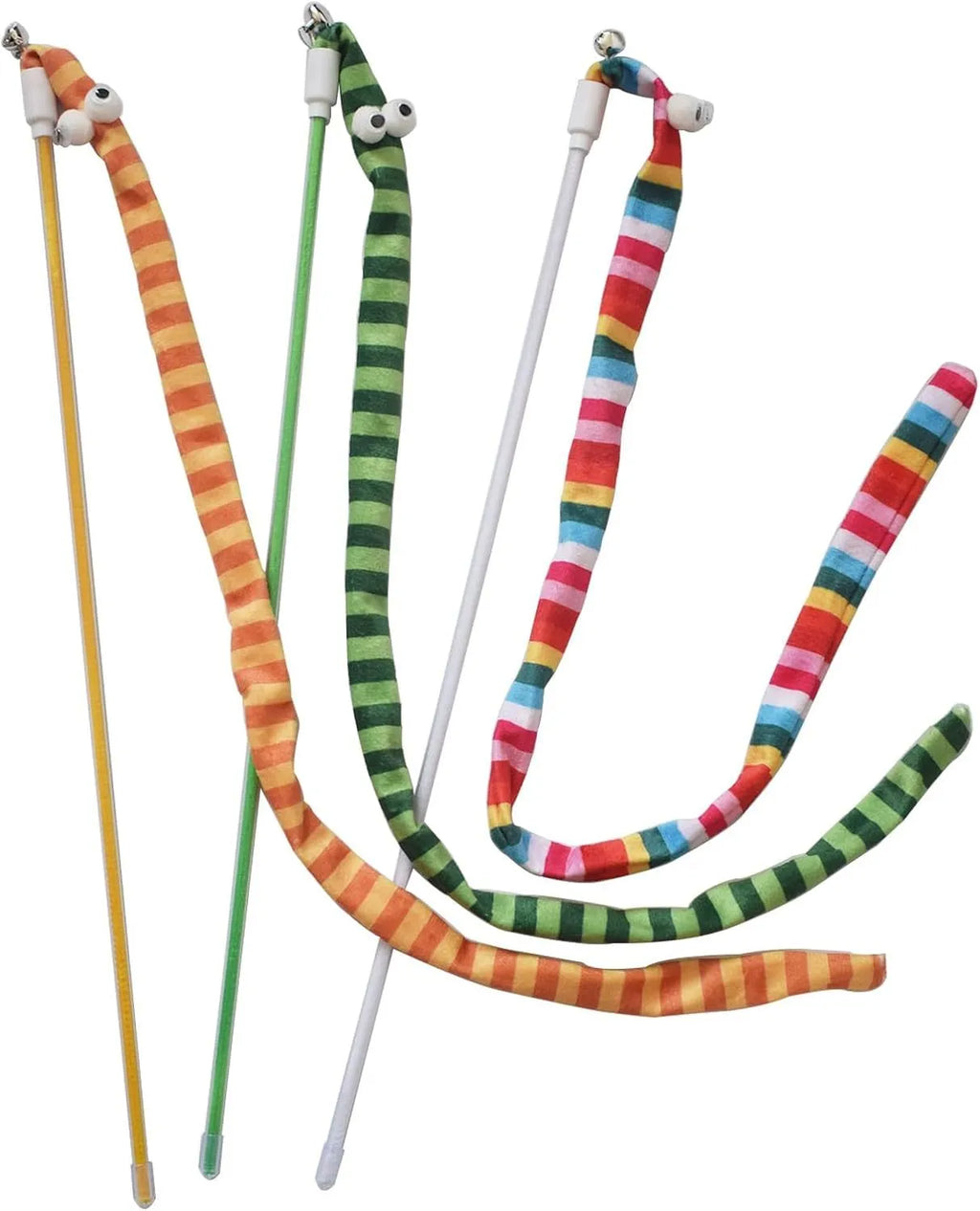 Cat teaser wand with colourful plush strip and bell on a polycarbonate pole.