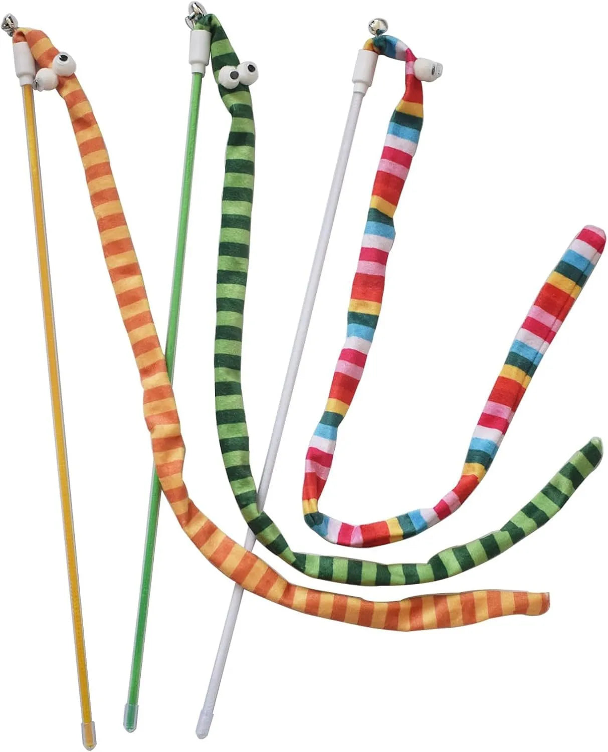 Cat teaser wand with colourful plush strip and bell on a polycarbonate pole.