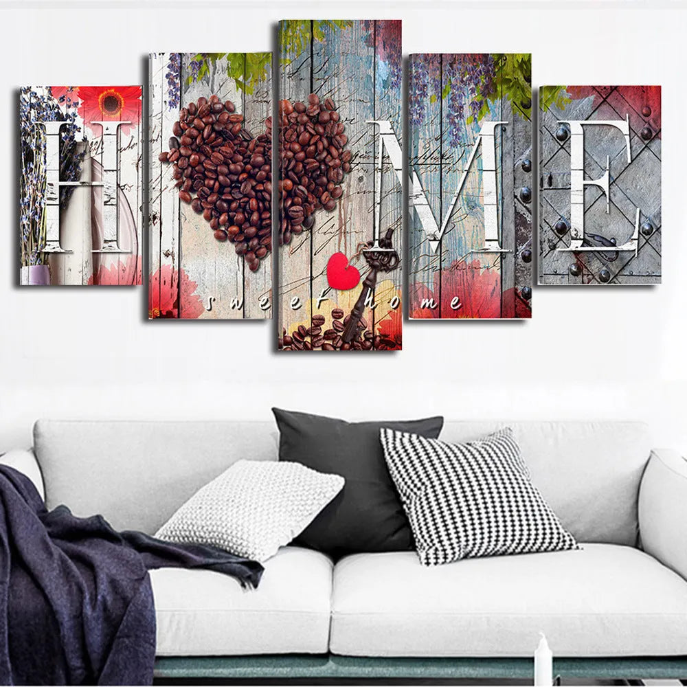 Set of five red oil painting canvases in different sizes for wall decoration