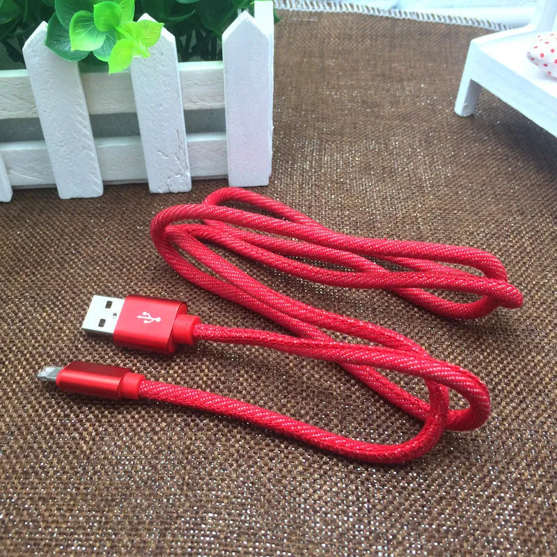 Cowboy-style denim USB Type-C charging cable with aluminium connectors in black, blue, and red colour options