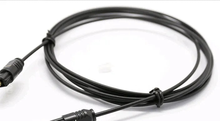 OD2.2 specification digital audio optical fibre cable with TOSLINK connectors on a white background.