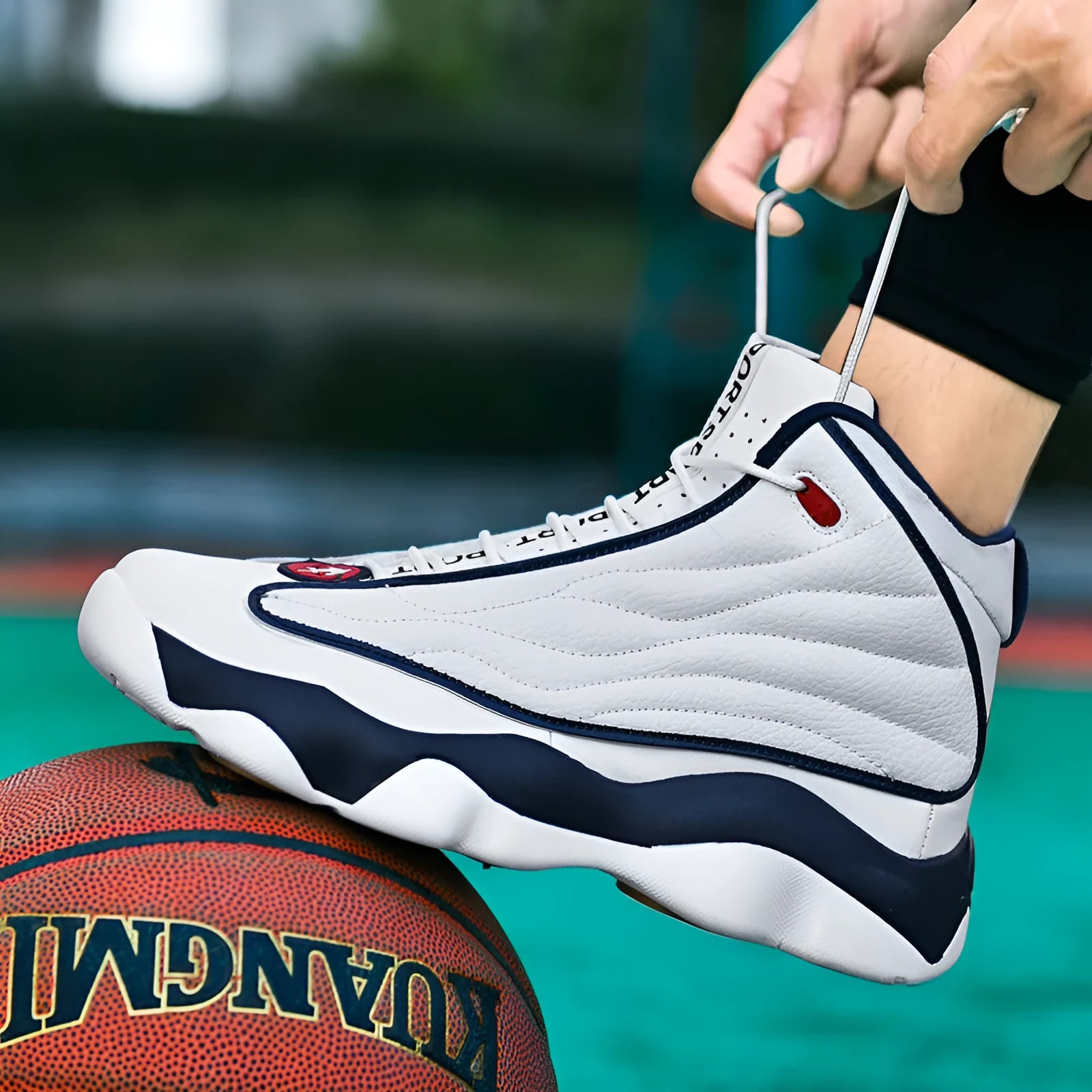 Men's high-top basketball shoes with mesh upper and rubber sole in AJ13 colour options