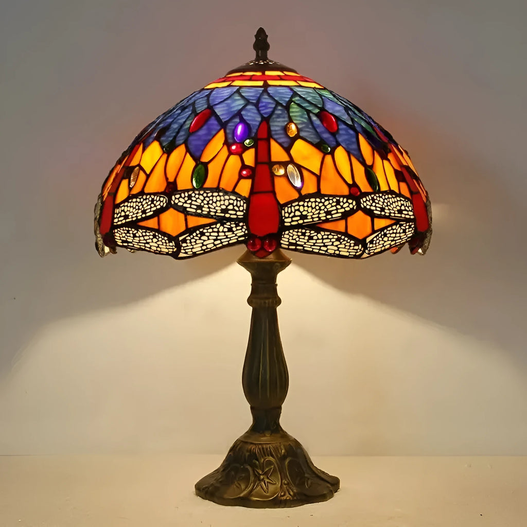 Tiffany style stone table lamp with green dragonfly motif available in 20cm 30cm and 40cm sizes for bedroom retro lighting