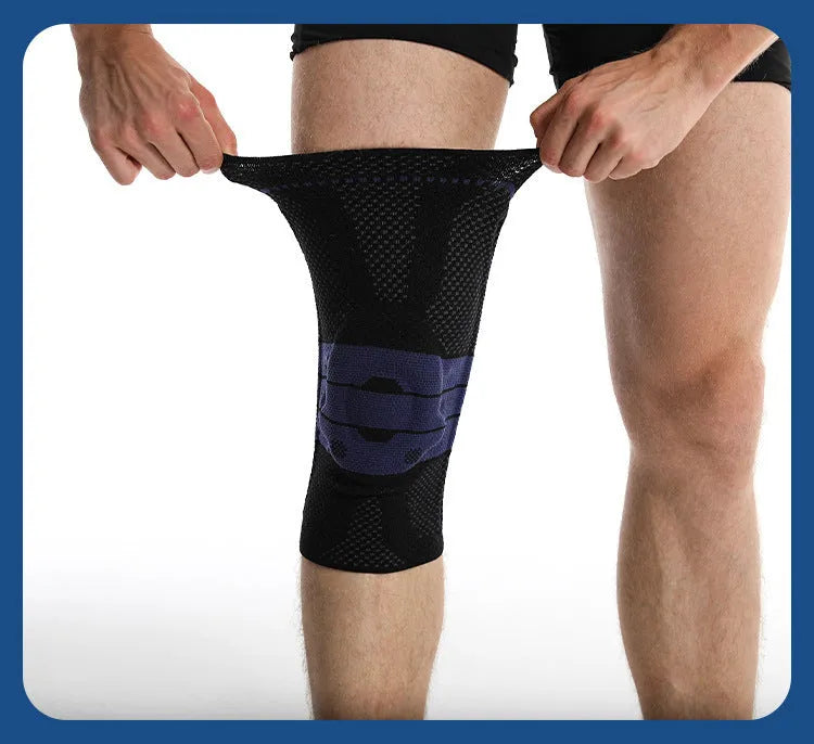 Black and blue adult sports knee pad made from nylon and spandex for running and basketball
