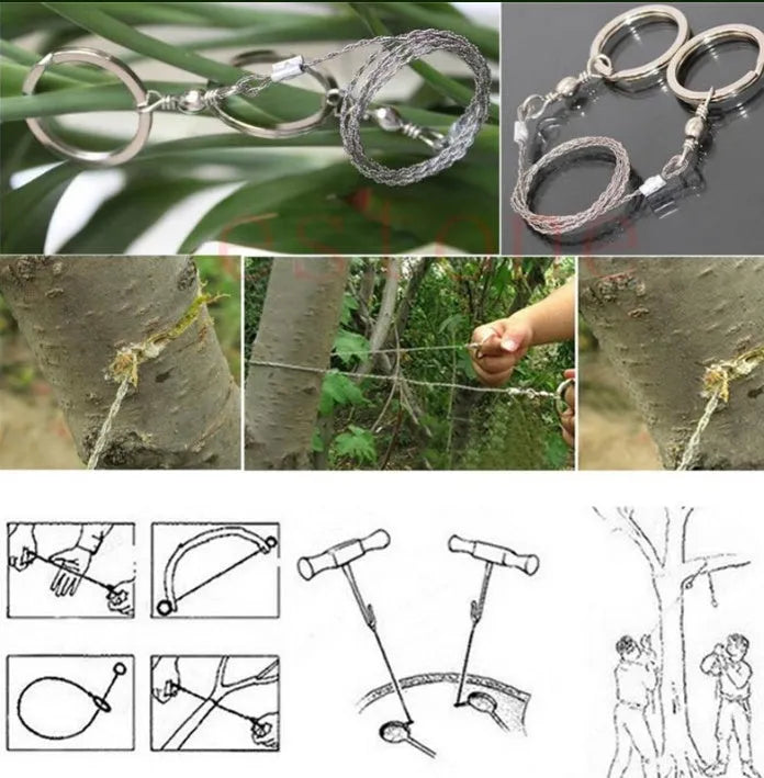 Outdoor survival wire saw with stainless steel blade, pull rings, and hoop showing 55cm cutting length