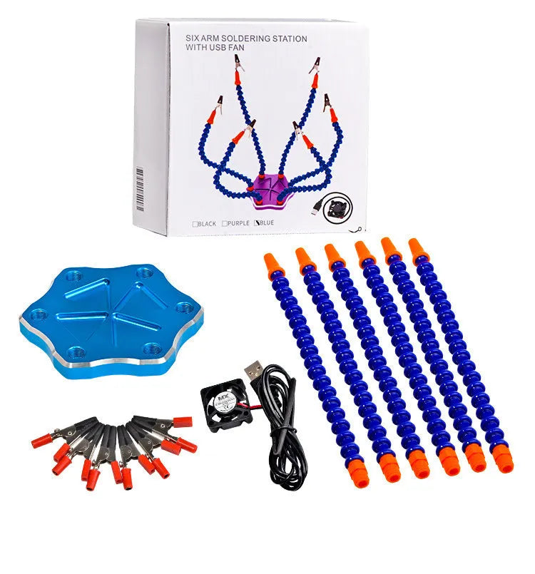Black and purple six-claw aluminium alloy welding station tool with multiple arms for model repair soldering.