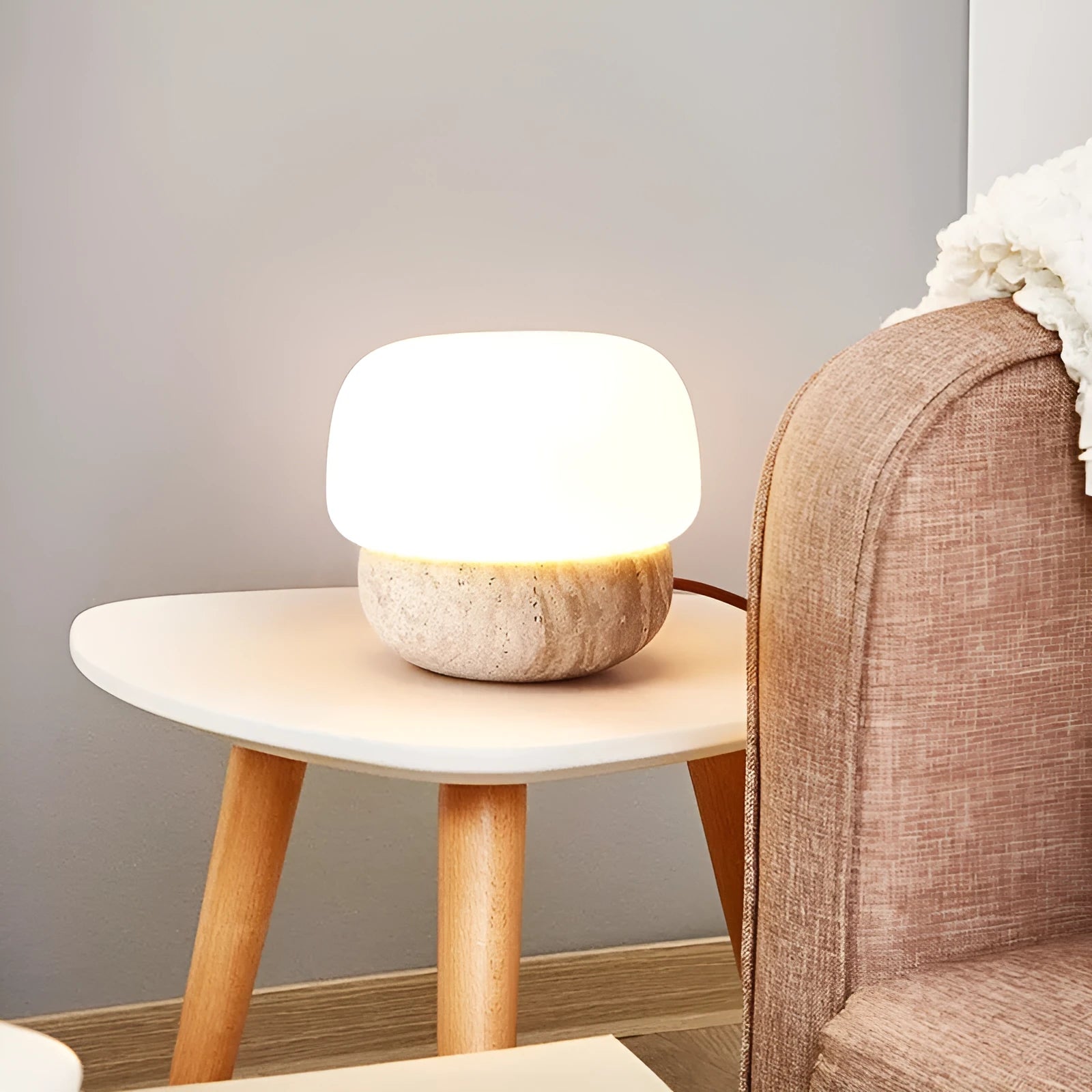 Cream retro bedside lamp with button switch on wooden surface